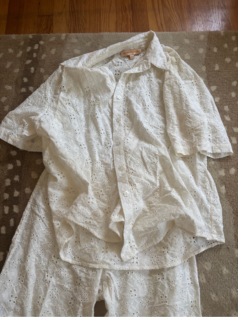 La Maregold White Eyelet Button-Down Shirt (XS/S) and Nicole Pants (M)